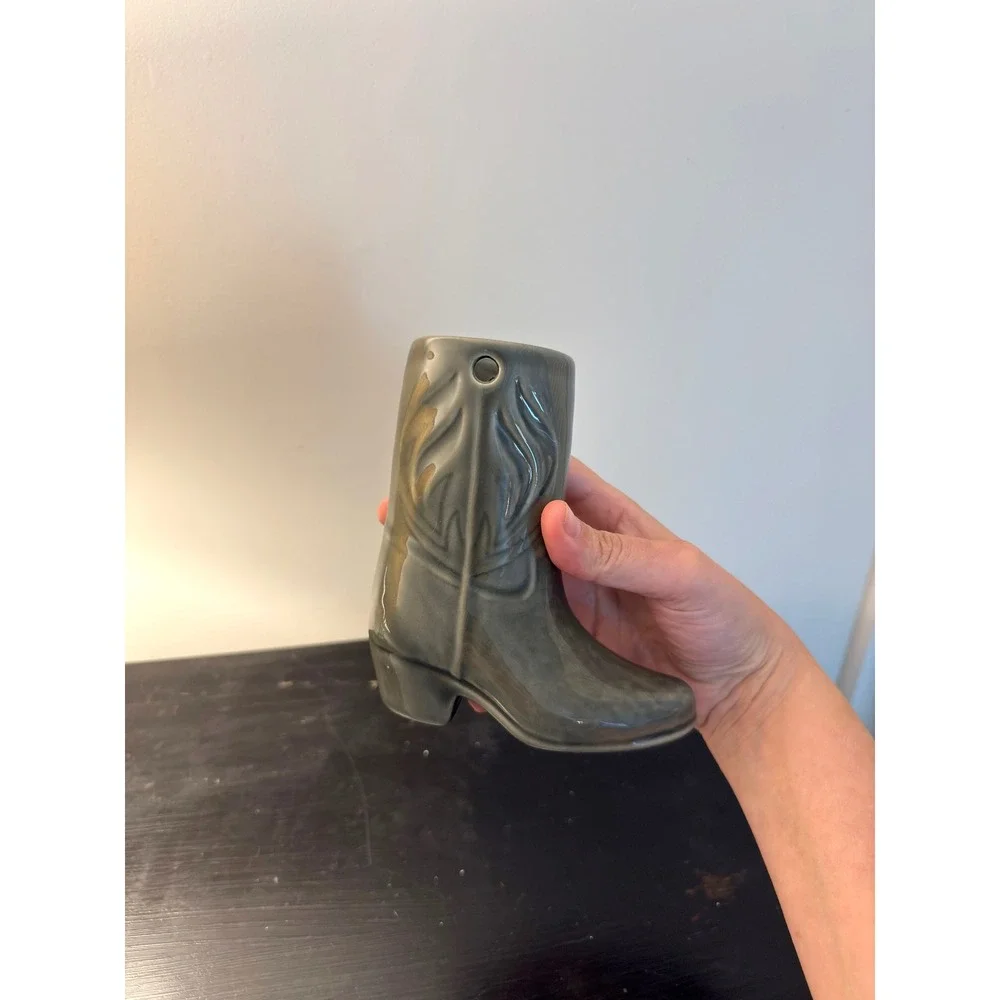 Vintage Ceramic Cowboy Boot Vase Sage Green Western Southwestern Decor